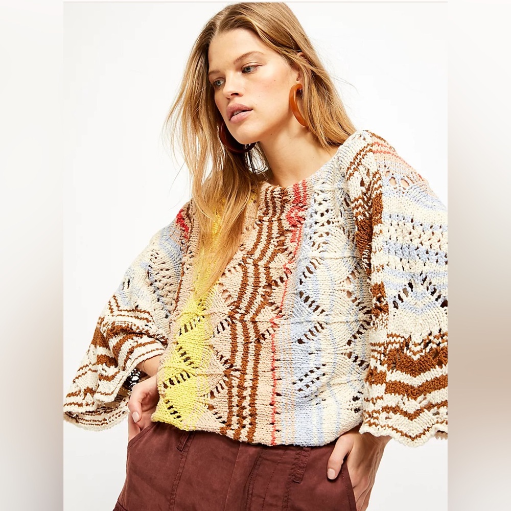 Free People NWT Small Oversized Cropped Open Knit Coral Reef Pullover